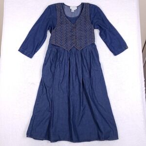 L.G. STAR Vintage Denim Dress 10 Petite Faux Vest Blue Prairie Cottagecore
